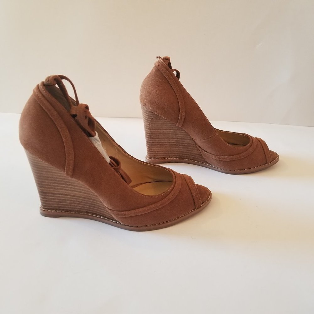Colin Stuart Tan Suede Open Toe Ankle Strap Wedge  (size 9)